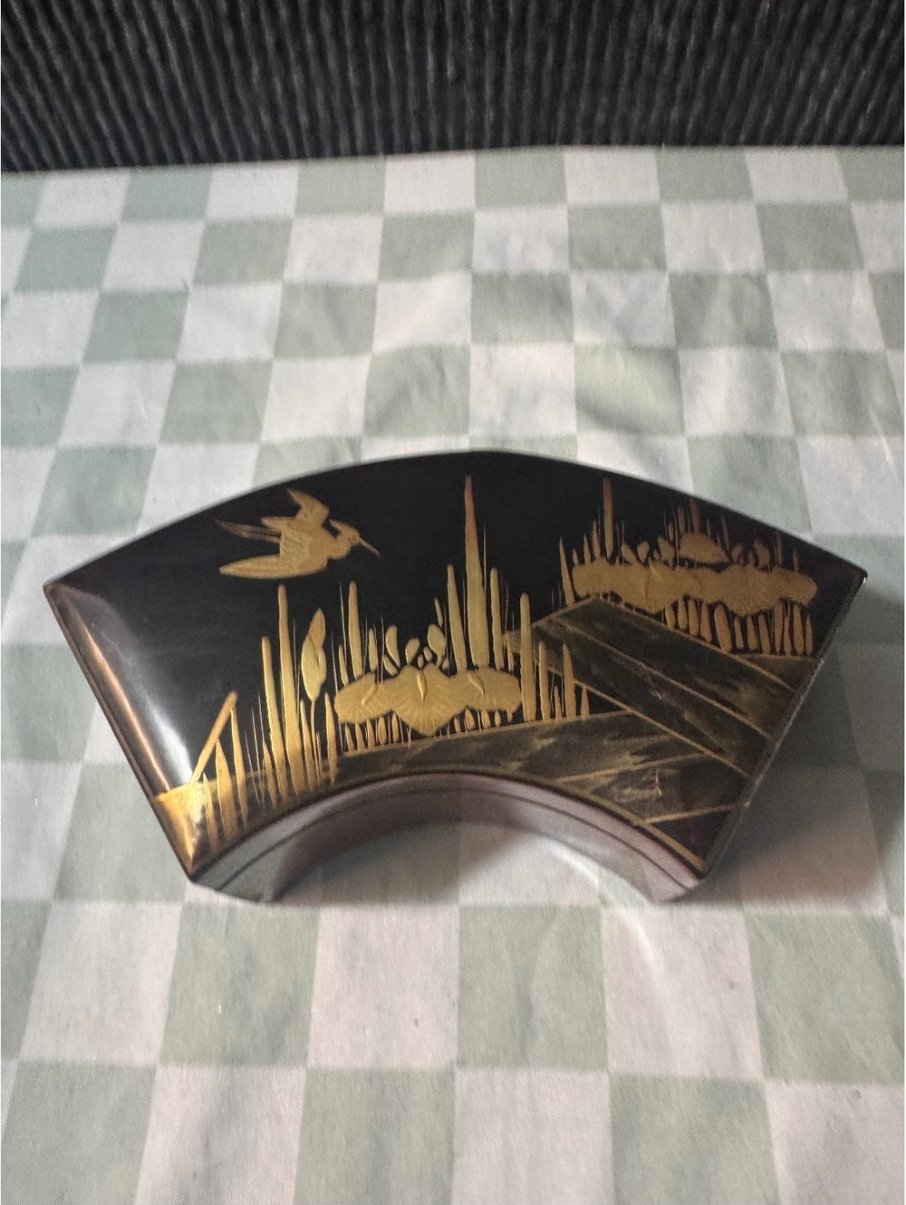 Vintage Decorative Wooden Jewelry Box with Gold Bird and Landscape Design